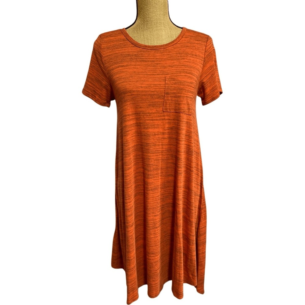 LuLaRoe Carly Swing Dress XS Orange Gray Heathered Pocket High Low Lightweight